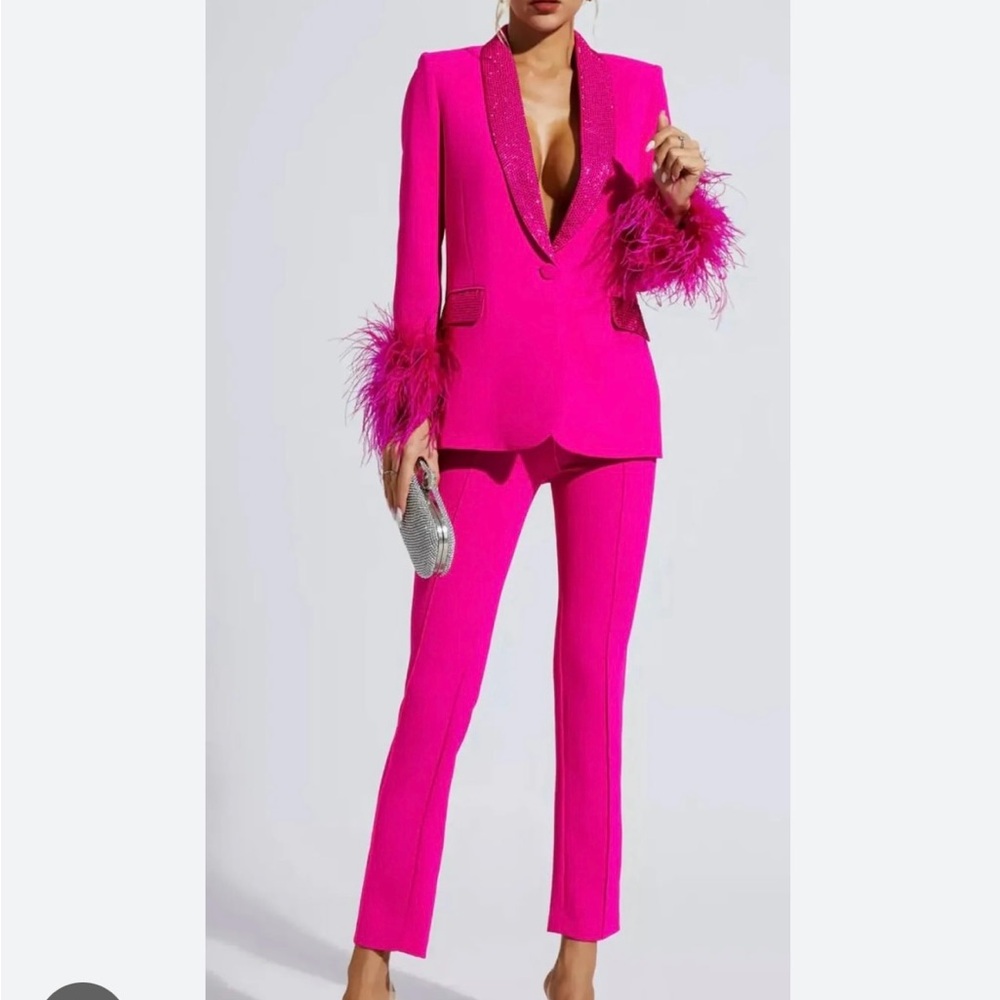 Pink Feather Cuff Blazer Suit Set